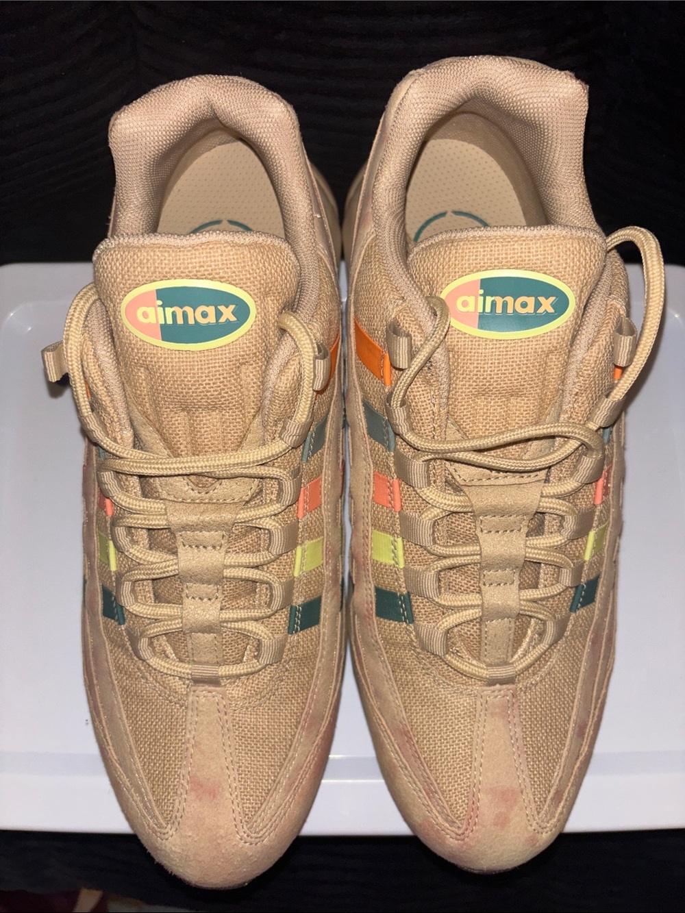 Nike Men’s Air Max 95 Sneakers - Tan with Orange & Green Accents - Picture 5 of 7